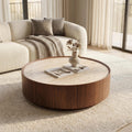 GDFStudio Clara Modern 39.3" Wood Round Coffee Table with Sintered Stone Top, Storage Drawer and Steel Base