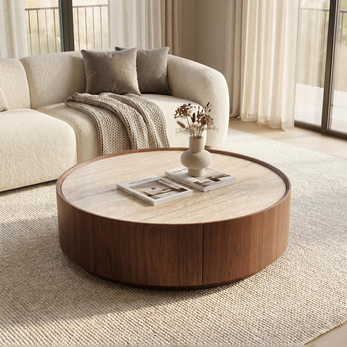 GDFStudio Clara Modern 39.3" Wood Round Coffee Table with Sintered Stone Top, Storage Drawer and Steel Base