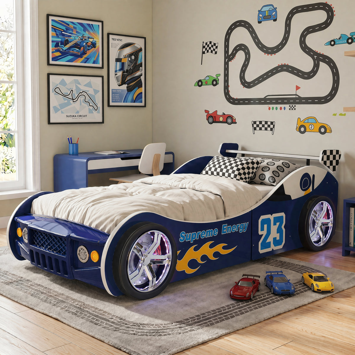 GDFStudio Griffin Modern Wooden Racing Car Bed with LED Wheel Lights  Blue