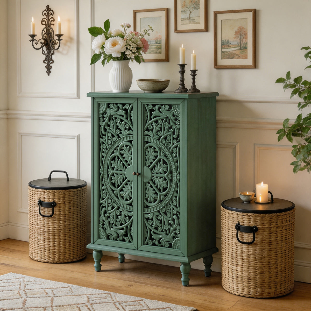 GDFStudio Janet Farmhouse 47  Tall Wood Accent Storage Cabinet with Carved Doors and Adjustable Shelf, Green