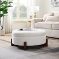 GDFStudio Arden 33  Round Teddy Fabric Upholstered Storage Ottoman with Wooden Base and Removable Tray Lid, Cream