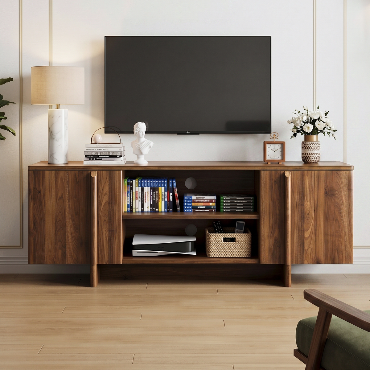 GDFStudio Ethan 55  Mid-Century Modern Wooden TV Stand with Open Shelves and Cable Management, Walnut