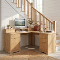 GDFStudio Caroline 59.2" Farmhouse Fluted L-Shaped Desk with 6 Drawers, 1 Door and Charging Station, Light Oak