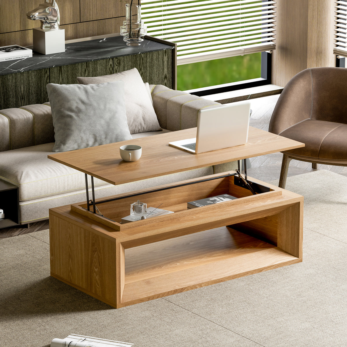 GDFStudio Cissie Modern 43.3'' Lift-Top Rectangle Storage Coffee Table, Natural