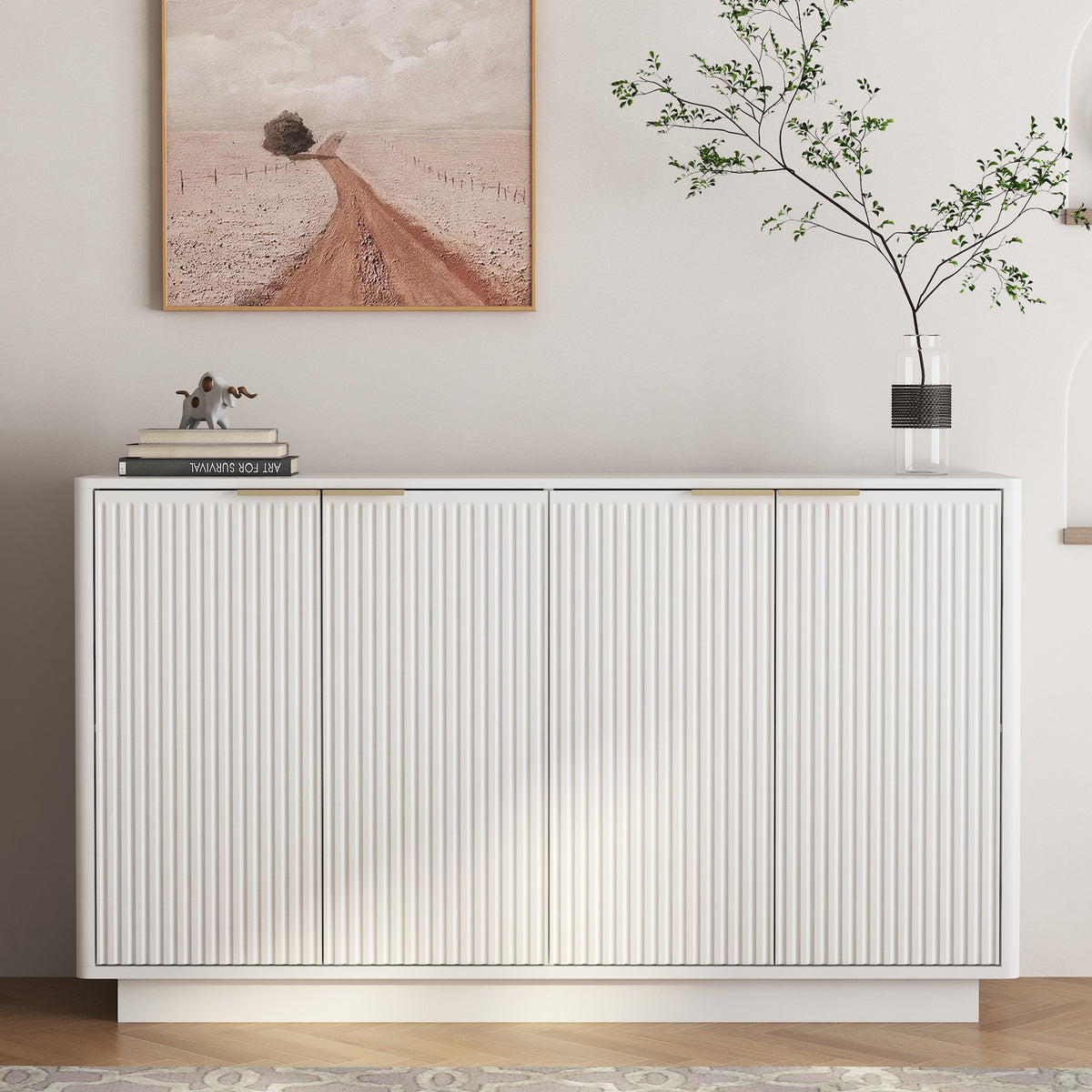 GDFStudio Nesi 55'' Modern Fluted Buffet Cabinet with 4 Doors and Adjustable Shelves, White