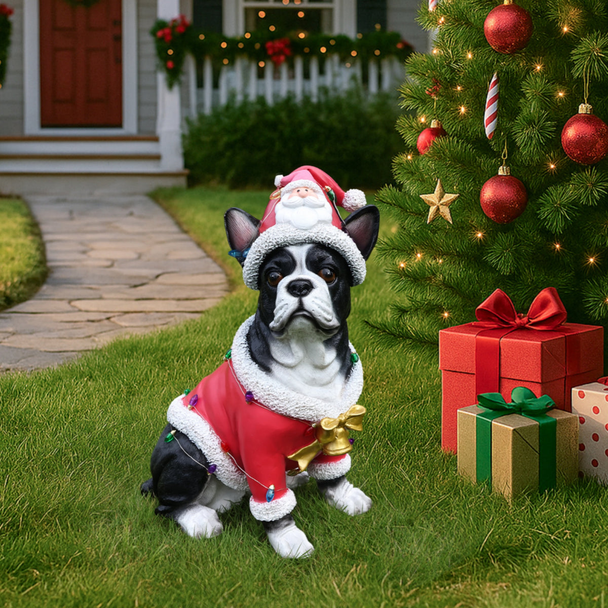 GDFStudio Chloe French Bulldog Christmas Statue in Santa Outfit, French Bulldog - Black
