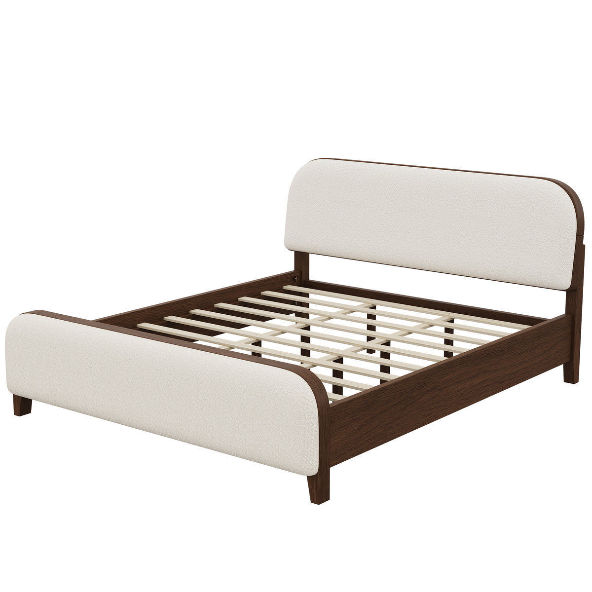 Christopher Knight Home Ylva Modern Wooden Boucle Bed Frame with Rounded Headboard and Footboard, Brown/Off White, King