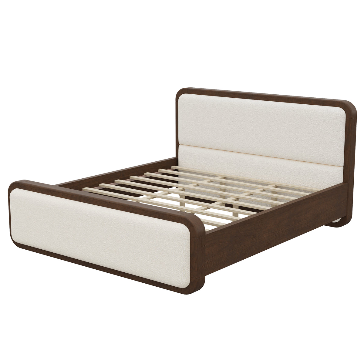 Christopher Knight Home S?mi Modern Wooden Boucle Bed Frame with Rounded Headboard and Footboard, Off White/Walnut, Cal King