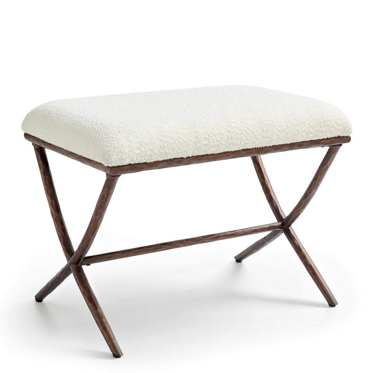 GDFStudio Bennett Transitional Modern Upholstered Rectangular Ottoman with Hammered Metal X-Base, Beige Boucle