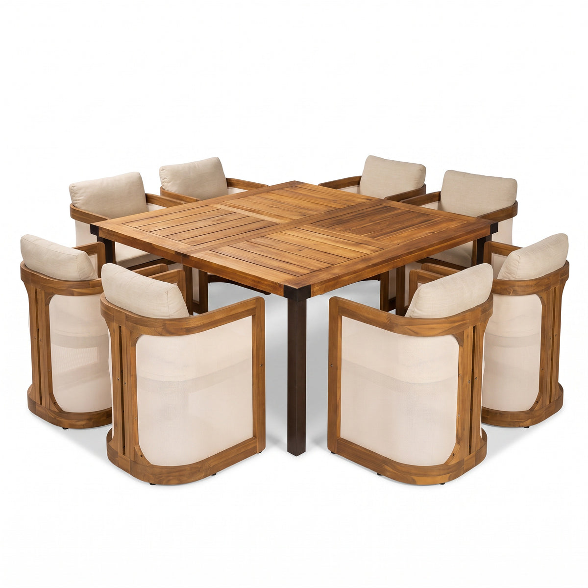 Christopher Knight Home Elric Modern 9 Piece Patio Acacia Dining Set with Cushion and Textilene Side Panels, Teak/Beige