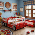 GDFStudio Juna Twin Size Fire Truck Bed with LED Light, Red and White