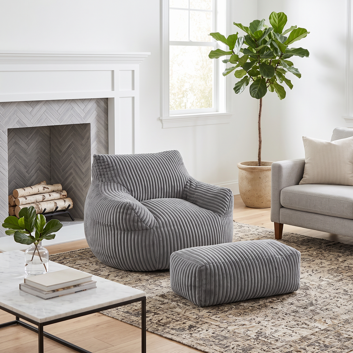 GDFStudio Shay 46  Oversized Corduroy Bean Bag Chair with Ottoman,  Gray
