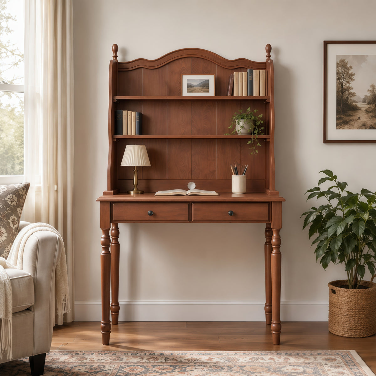 GDFStudio Sutter 62.8" Mid-Century Wood Desk with Hutch, 2 Drawers, Storage Shelves and Cable Management, Walnut