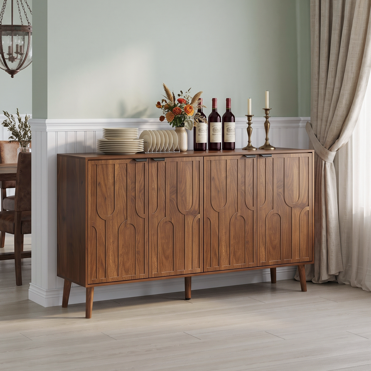 GDFStudio Clara 55  Mid-Century Modern 4-Door Wooden Sideboard Cabinet with Adjustable Shelves, Walnut