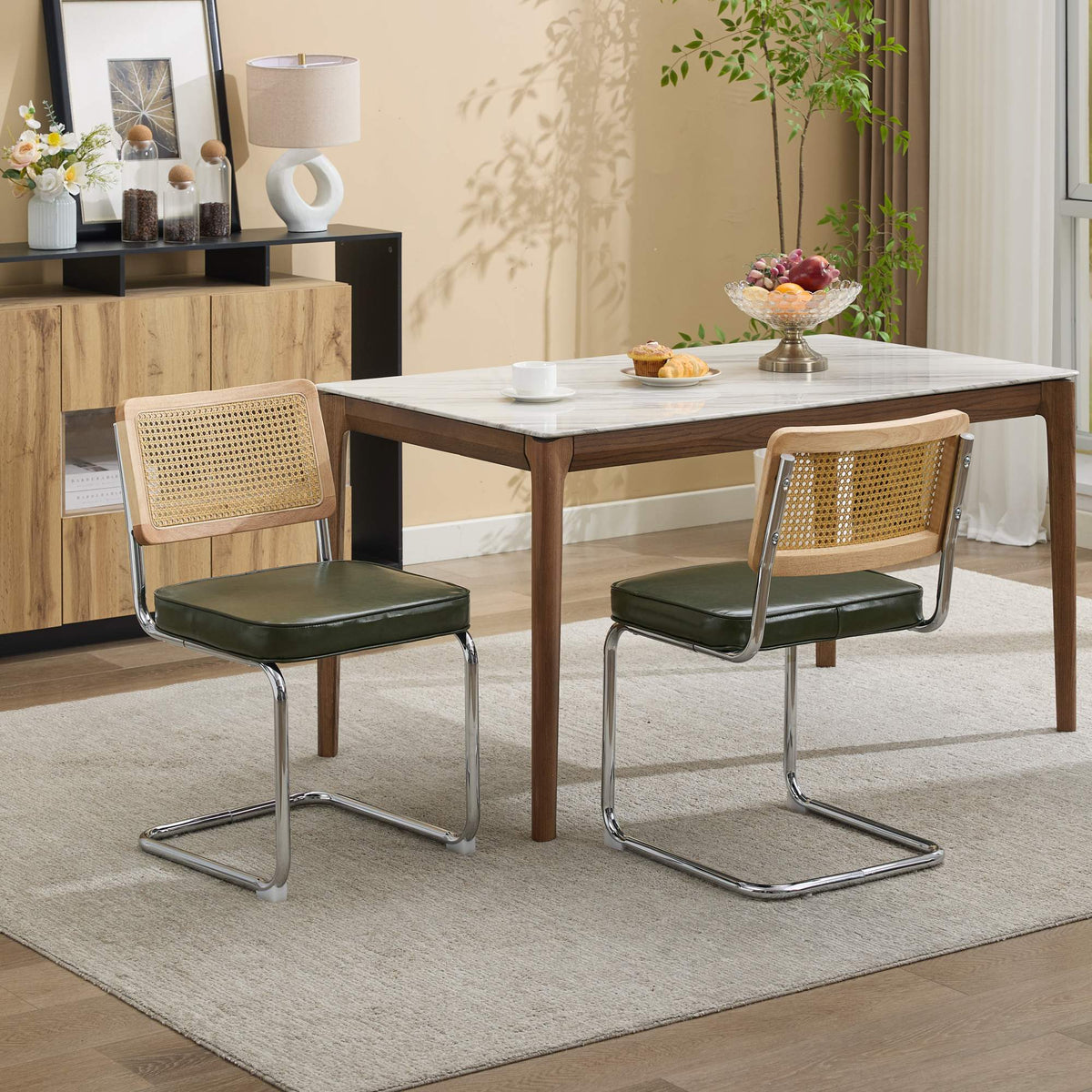 GDFStudio Glenn Faux Leather Upholstered Dining Chair with Stainless Base(Set of 2), Olive Green