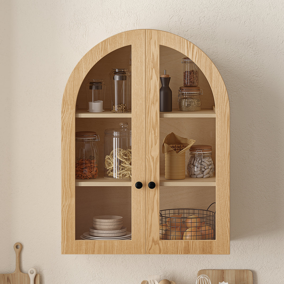 GDFStudio Haina Wooden Arched Wall Mounted Cabinet with Tempered Glass Doors and Adjustable Shelf, Natural