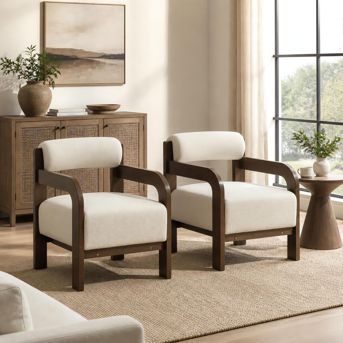 Christopher Knight Home Otho Solid Wood Chenille Curved Accent Chair with Roll Back Cushion (Set of 2), Cream