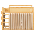 GDFStudio Milo Scandinavian Modern Wood Bunk Bed with 3-Tier Storage Shelf and Rattan-Style Guardrails, Natural, Full