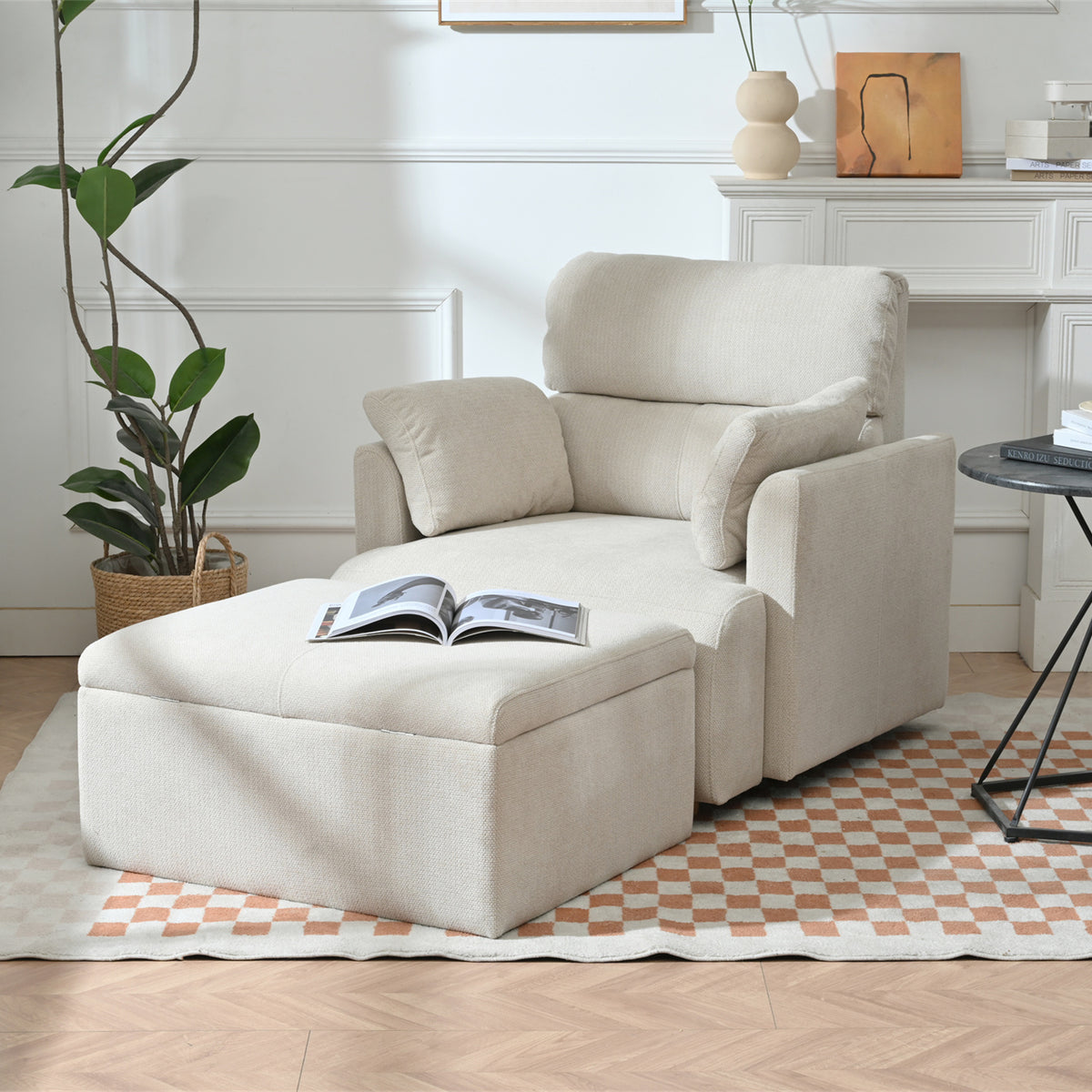 GDFStudio Luca Modern Oversized Upholstered Accent Chair with Storage Ottoman, Beige