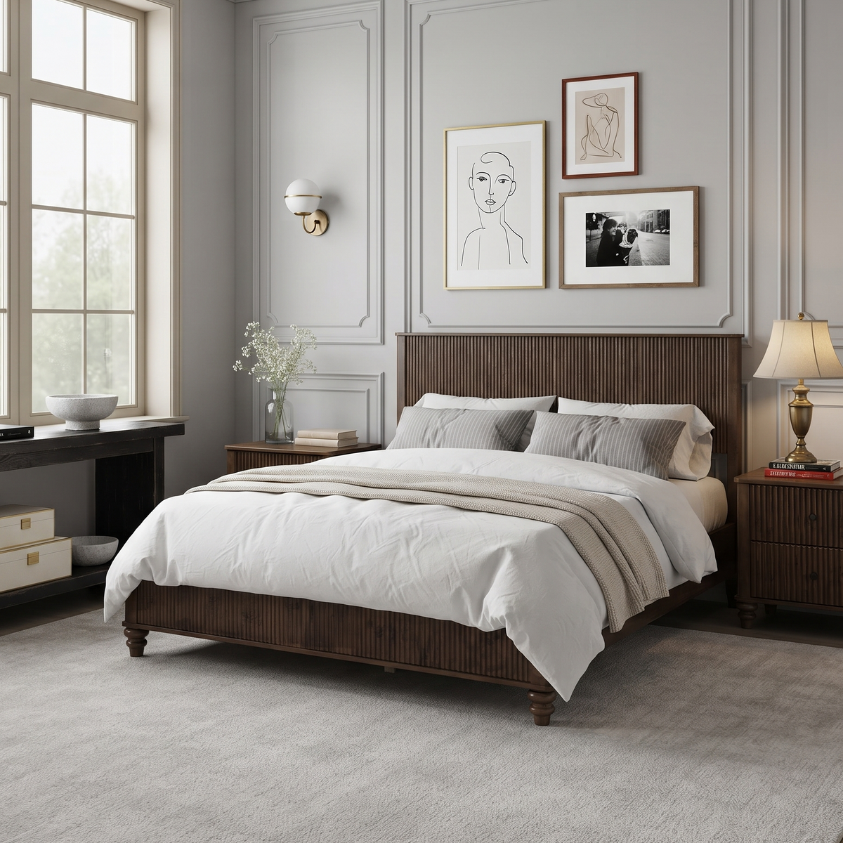 GDFStudio Doris 3 Piece Fluted Wood Bedroom Set, Brown,King