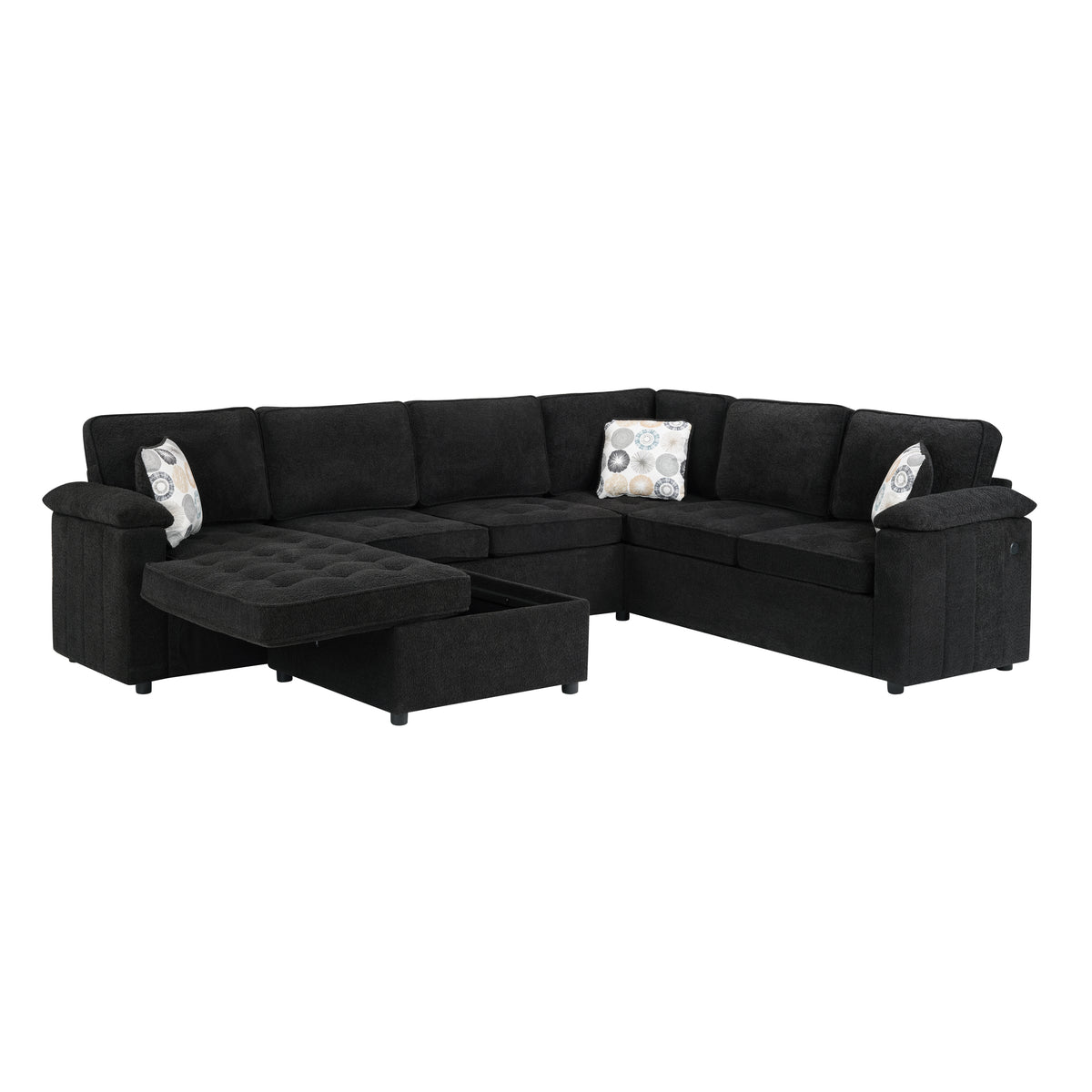 GDFStudio Carson Contemporary Chenille 116.1 Inch U-Shaped Sectional Sofa with Storage Chaise, Black