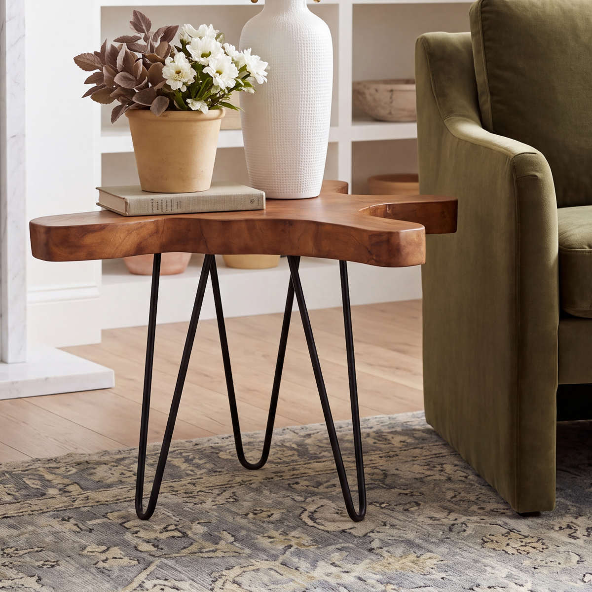 GDFStudio Aero 15.5  H Reclaimed Teak Wood Side Table with Hairpin Legs, Brown/Black