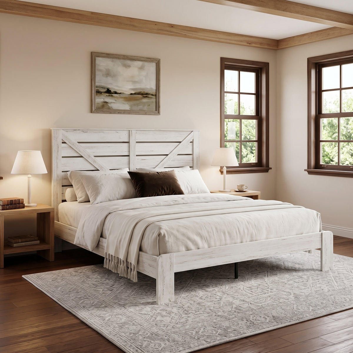 GDFStudio Tobias Modern King Size Platform Bed Frame with Headboard, White