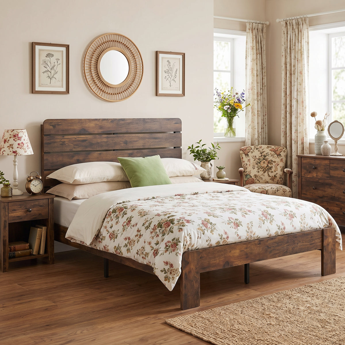 GDFStudio Rebecca Modern Wood Platform Bed Frame with Headboard, King Size, Dark Brown