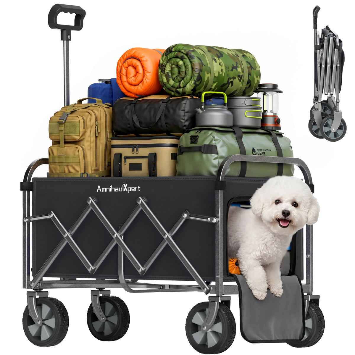 GDFStudio Sansa Foldable Heavy Duty Wagon Cart with Adjustable Handle and All Terrain Wheels, Black