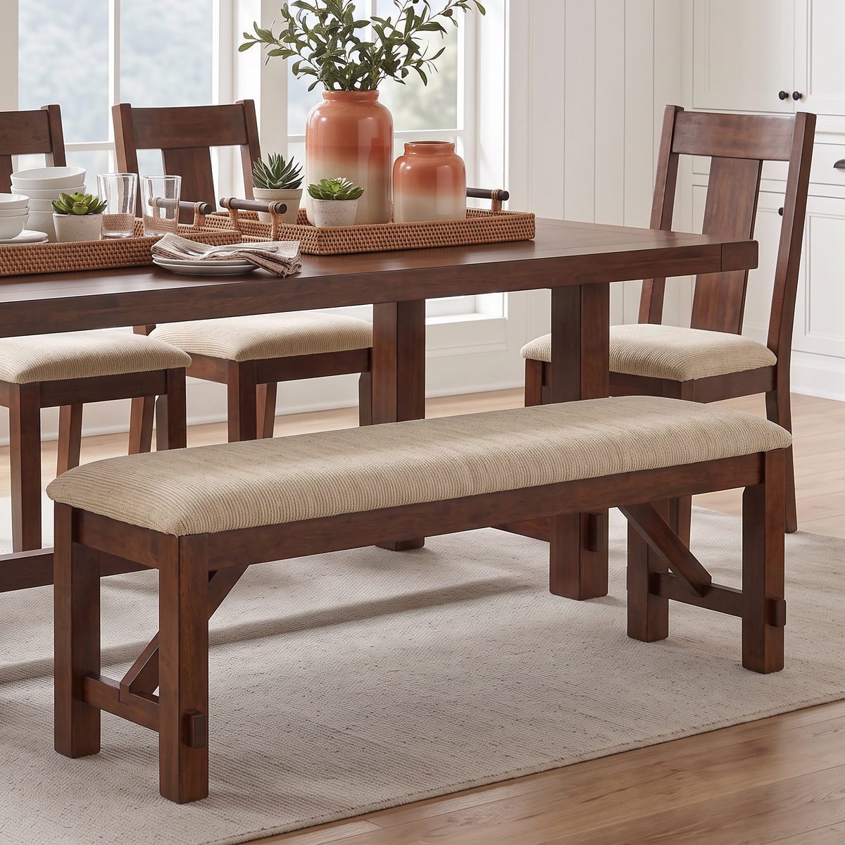 GDFStudio Arden 60  Farmhouse Rubberwood Upholstered Dining Bench, Brown