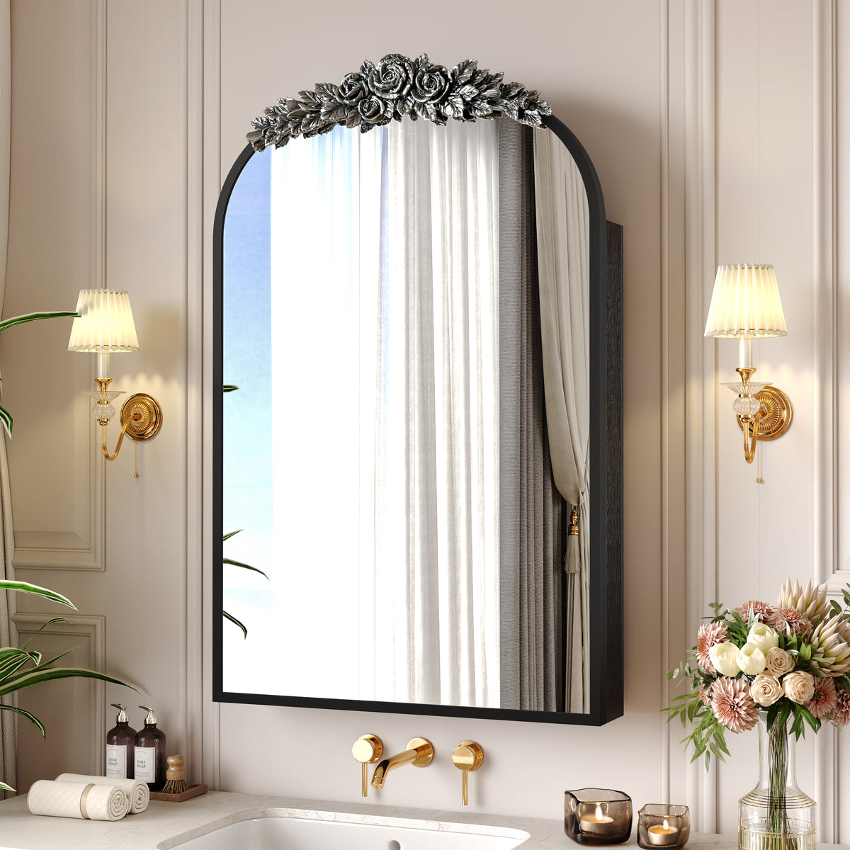 GDFStudio Enye 16  x 24  Vintage Arched Medicine Cabinet, Carved Wood Frame Mirror with Adjustable Shelf and Jewelry Hooks, Black