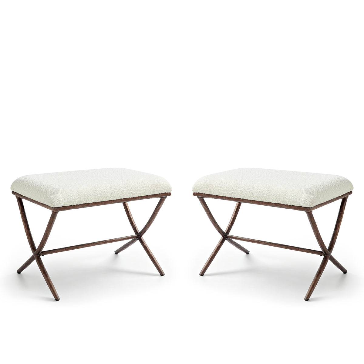 GDFStudio Bennett Transitional Fabric Upholstered Rectangular Ottoman Footrest with Hammered Metal X-Base (Set of 2), Beige Boucle