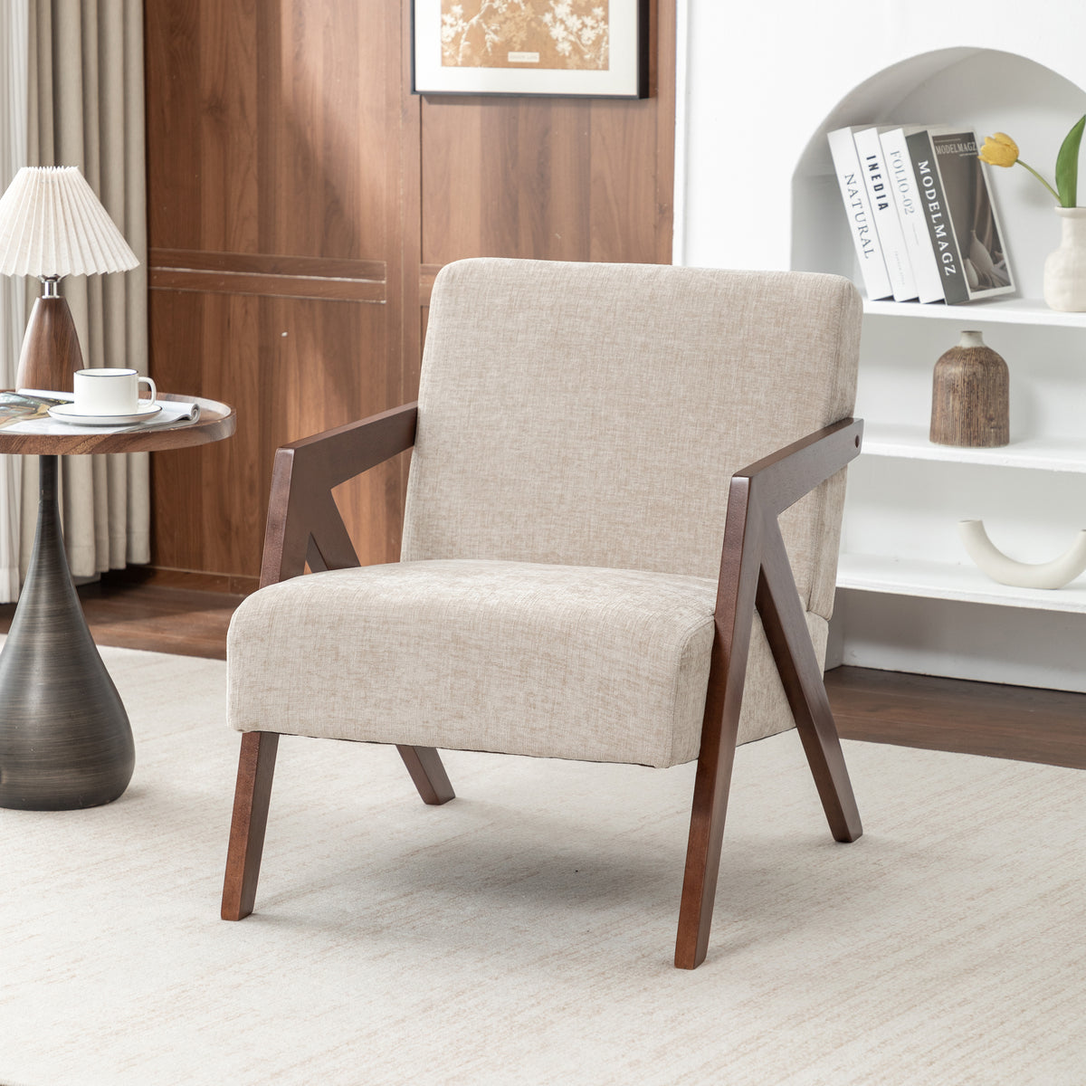 GDFStudio Claire Mid-Century Modern Chenille Upholstered Accent Chair with Wood Frame, Greige