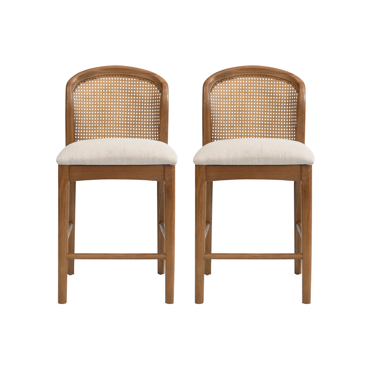 Christopher Knight Home Tolla Mid-Century Modern Rubberwood Upholstered Counter Stools with Rattan Curved Back (Set of 2), Beige/Walnut