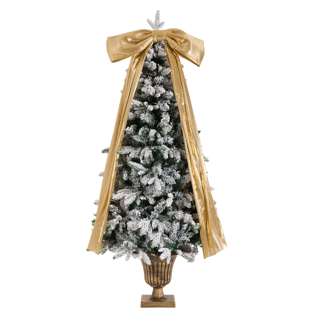 GDFStudio Noelle Traditional 6FT Pre-Lit Flocked Christmas Tree 200 LEDs, Pine Cones, Gold Ribbon and Urn Base, Green
