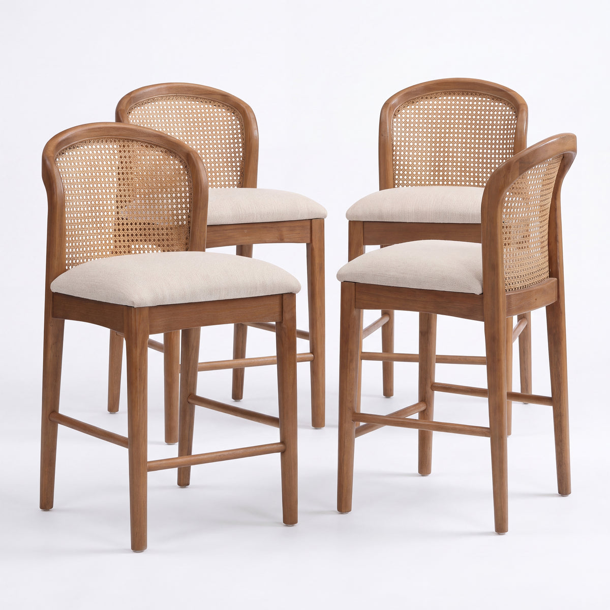 Christopher Knight Home Tolla Mid-Century Modern Rubberwood Upholstered Counter Stools with Rattan Curved Back (Set of 4), Beige/Walnut