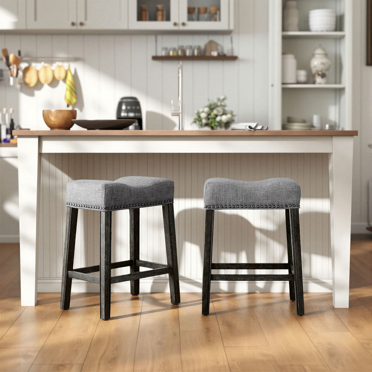 GDFStudio Nolan Upholstered Counter Height Stool with Saddle Seat (Set of 2), Gray