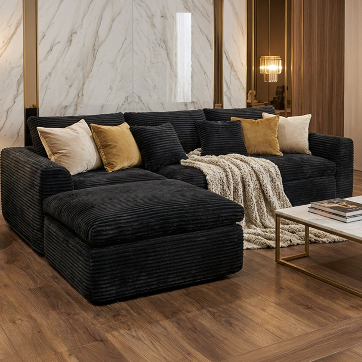 GDFStudio Arvella 108-inch Modern Corduroy Boneless Modular Sectional Sofa, Black
