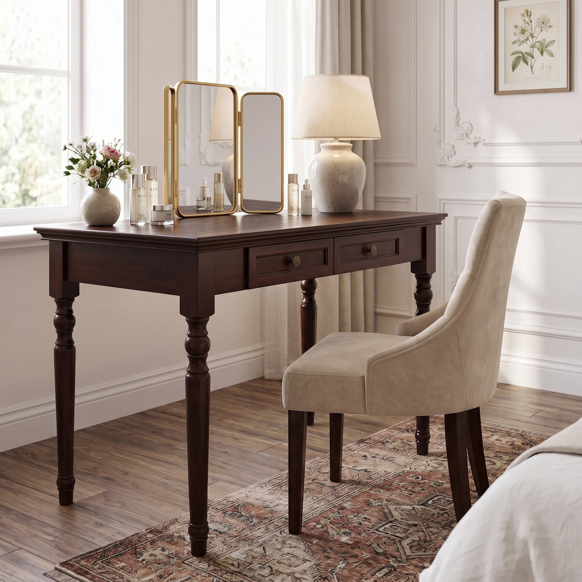 GDFStudio Beaumont 47-Inch Solid Wood Writing Desk with Two Drawers, Walnut