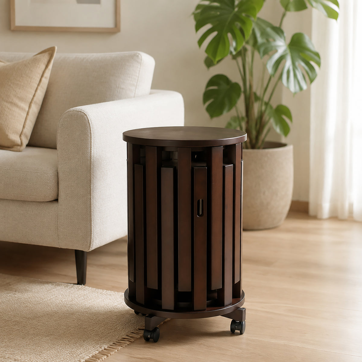 GDFStudio Callan Stackable Bamboo Stools with Rolling Storage Base and Wood Seats (Set of 6), Walnut