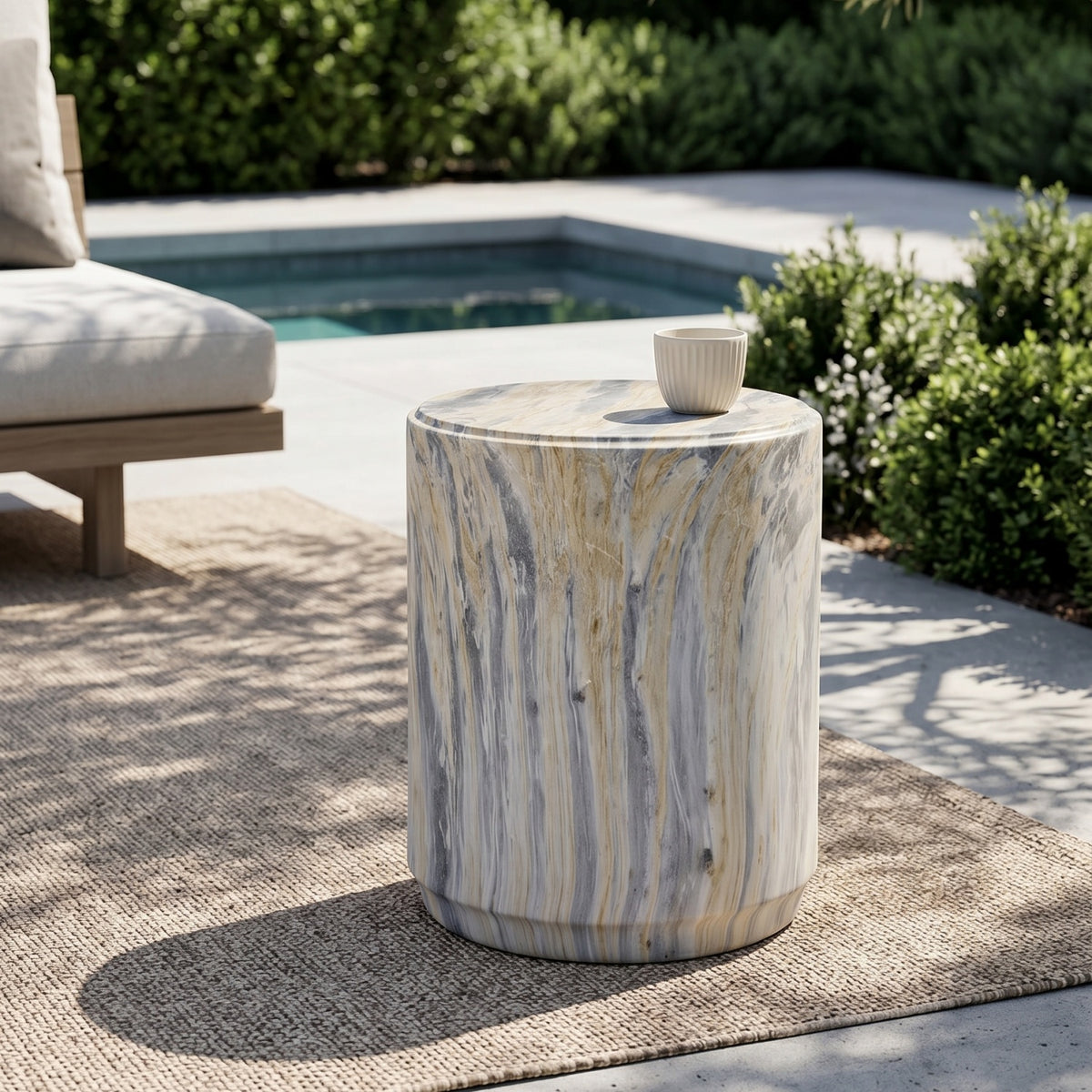 GDFStudio Soren Modern 18.5  Indoor/Outdoor Faux Marble Cylinder End Table, Beige/Gray