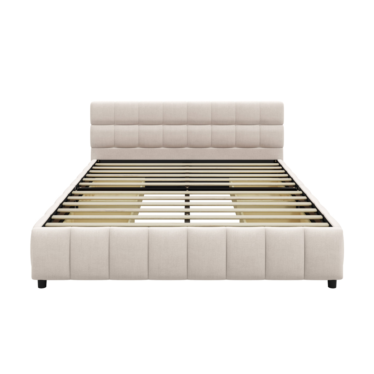 GDFStudio Sienna Contemporary Linen Upholstered Platform Bed with Tufted Headboard and Storage Drawers, Beige, Queen