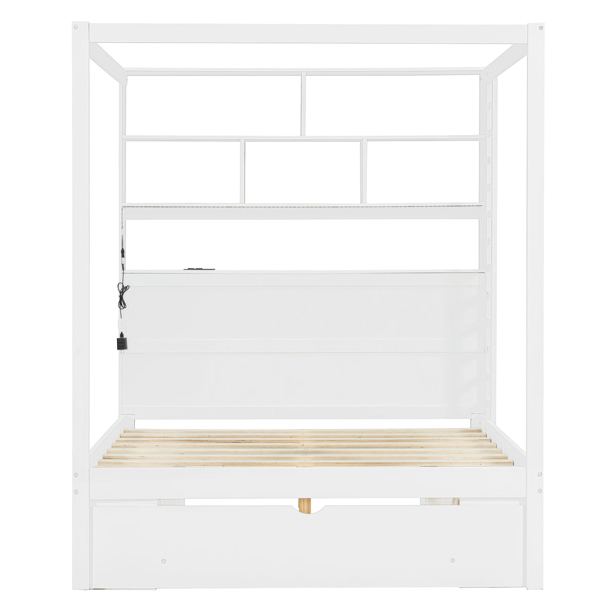 GDFStudio Ryder Modern Farmhouse Wood Canopy Platform Bed with Bookcase Headboard, Storage Cubbies and Drawer, White, Full