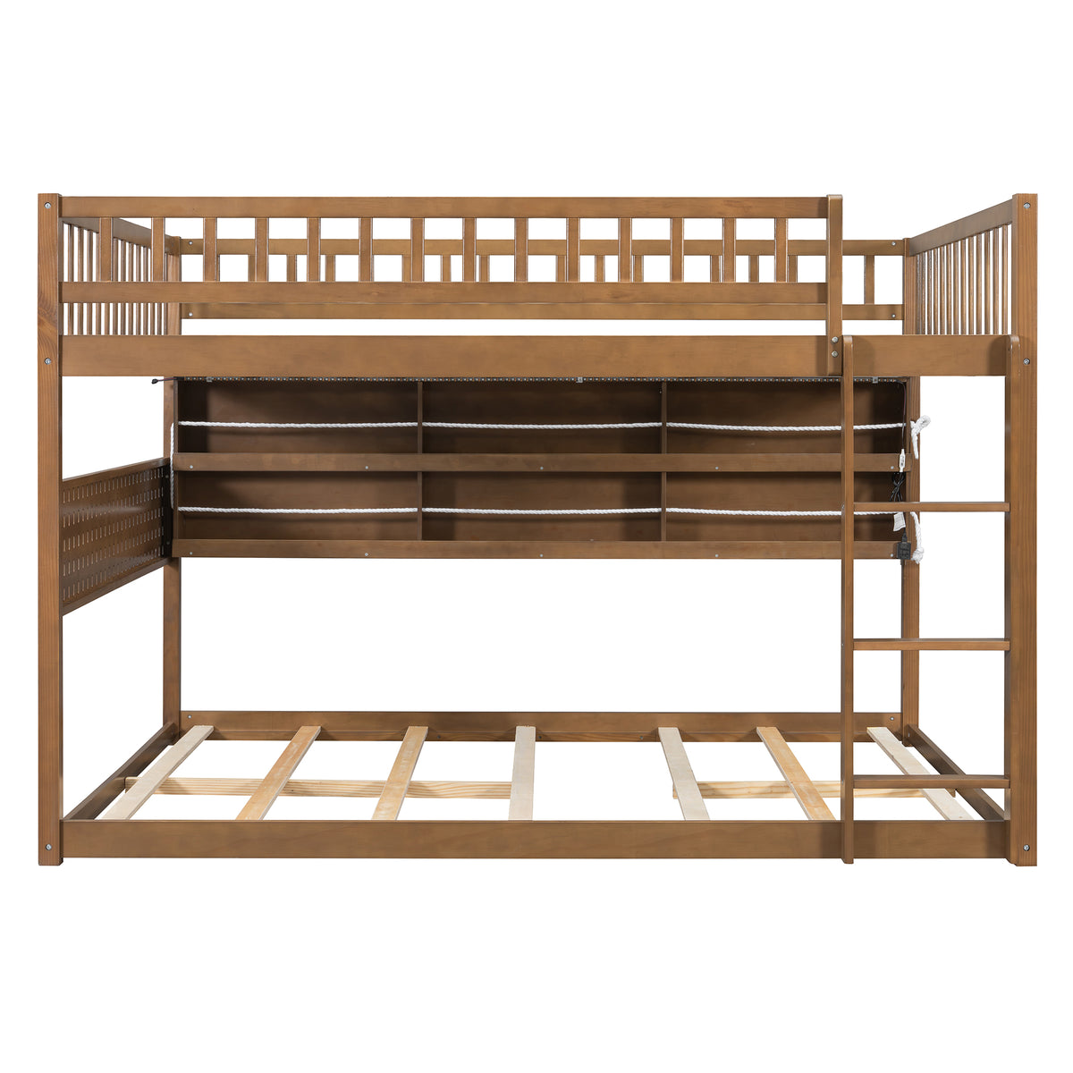 GDFStudio Ryder Modern Farmhouse Wood Bunk Bed with Storage Shelves and Guardrails, Brown, Queen Over Queen
