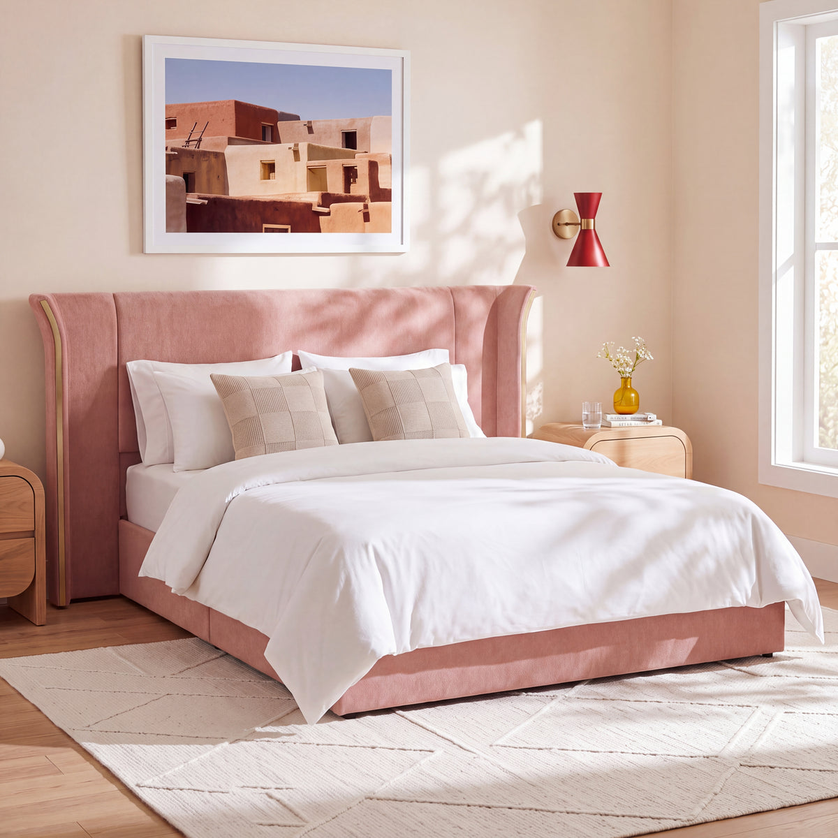 GDFStudio Claire Luxury Chenille Upholstered Bed with High Wingback Headboard and Decorative Metal Trim, Pink, King