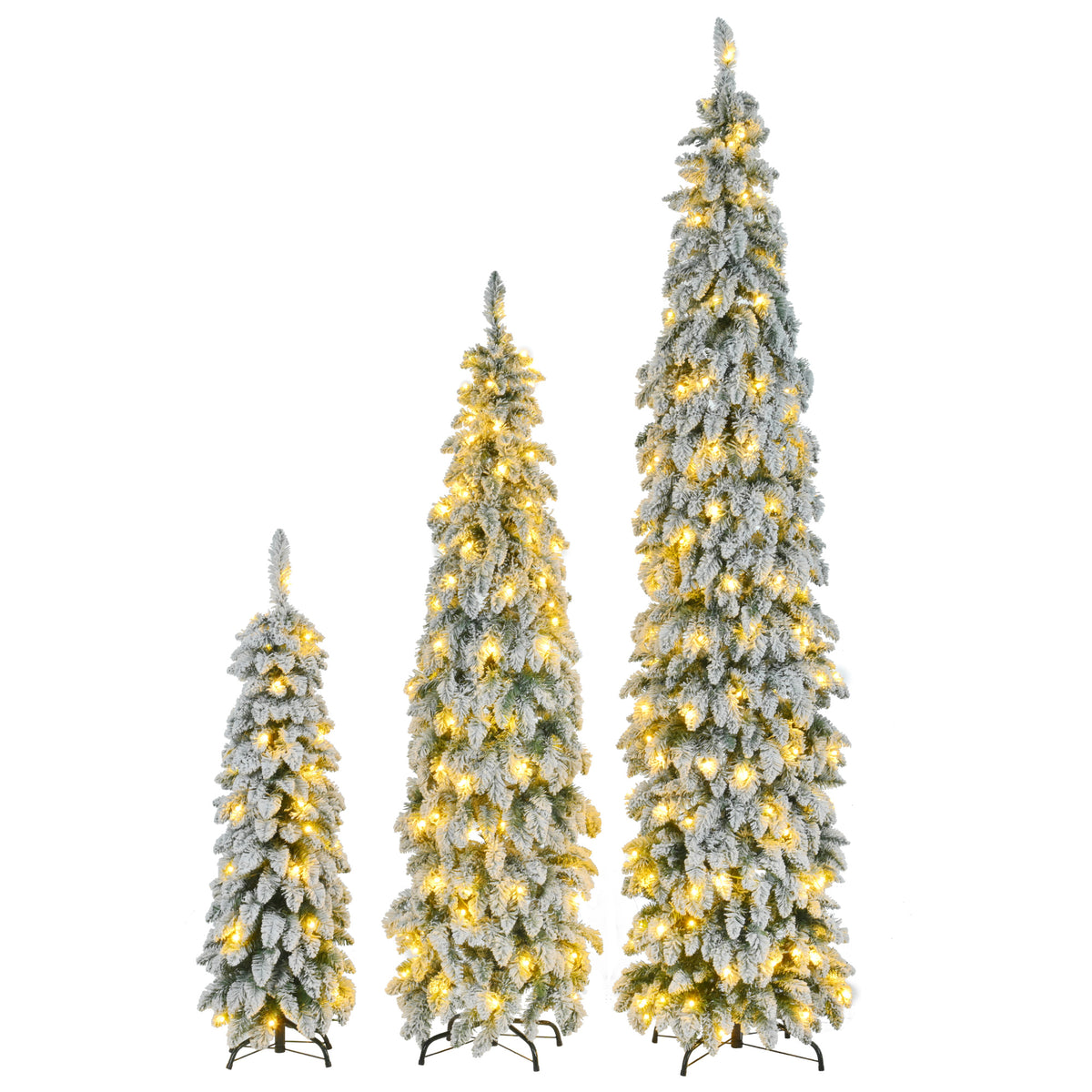 GDFStudio Noelle Winter Wonderland PVC Pre-Lit Flocked Pencil Christmas Trees with Dual-Color LED Lights, White/Green, 3-Piece Set-4FT + 6FT + 8FT