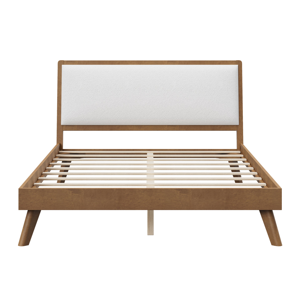 GDFStudio Aspen Mid-Century Modern Wood Platform Bed with Boucle Upholstered Headboard, Queen, Walnut