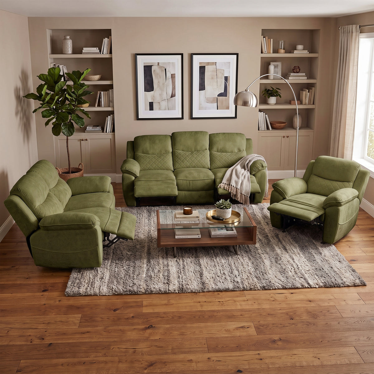 GDFStudio Avery 6-Seat Electric Power Velvet Upholstered Reclining Sofa Set with Adjustable Angle Green