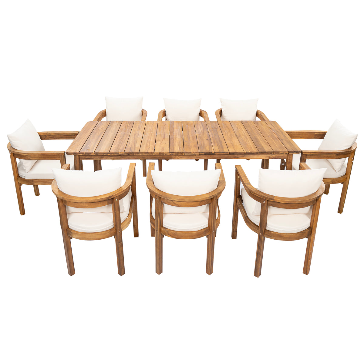 Christopher Knight Home Irene Rustic 9 Piece Outdoor Acacia Wood Dining Set with Curved Backrest Chairs and Cushions, Teak/Beige