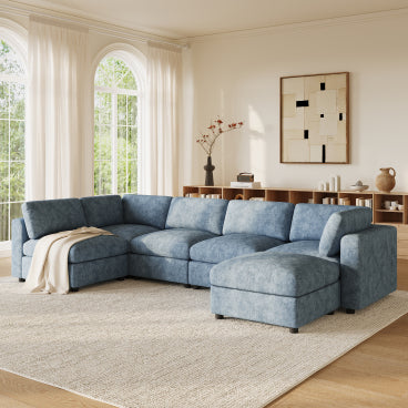 GDFStudio Hudson Modern Chenille 6-Seat Modular Sectional Sofa Sleeper U-Shaped Convertible Couch with Ottoman, Blue